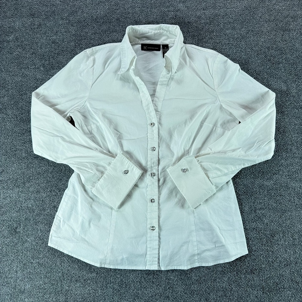INC International Concepts White Rhinestone Button Up Blouse Womens 10 Interview